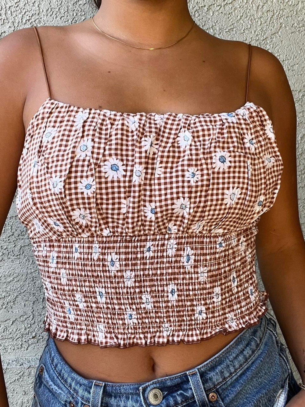Pacsun La Hearts Brown Gingham Smocked Floral Crop Top